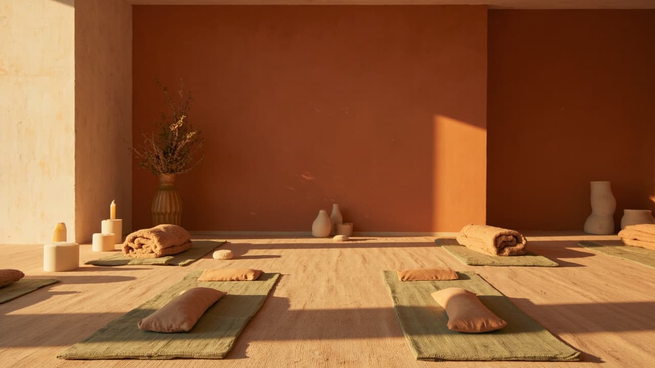 A quiet studio at dusk. Green mats with cushions and rolled blankets, candles glowing against a terracotta wall.